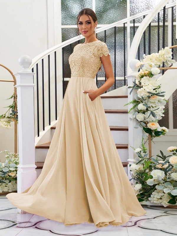 A-Line/Princess Chiffon Lace Scoop Short Sleeves Floor-Length Bridesmaid Dresses