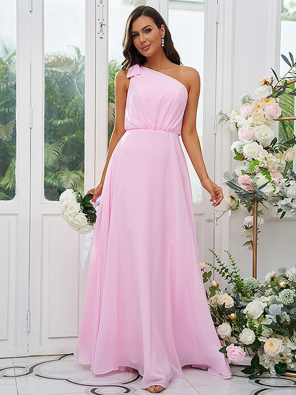 A-Line/Princess Chiffon Bowknot One-Shoulder Sleeveless Floor-Length Bridesmaid Dresses