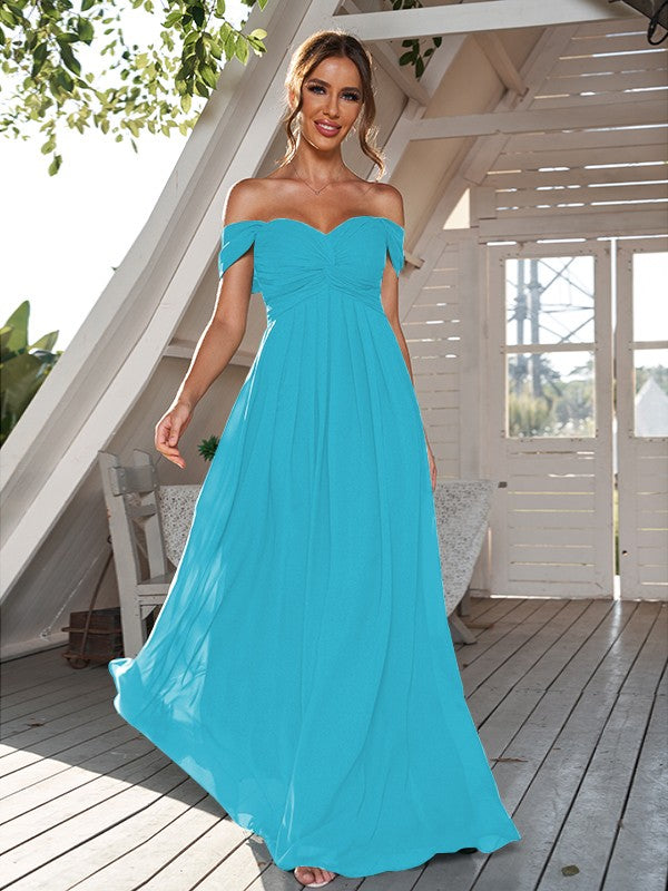 A-Line/Princess Chiffon Ruched Off-The-Shoulder Sleeveless Floor-Length Bridesmaid Dresses