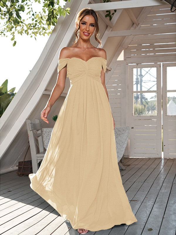 A-Line/Princess Chiffon Ruched Off-The-Shoulder Sleeveless Floor-Length Bridesmaid Dresses