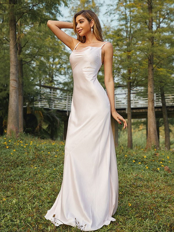 Sheath/Column NS  Woven Satin Ruched Spaghetti Straps Sleeveless Sweep/Brush Train Bridesmaid Dresses