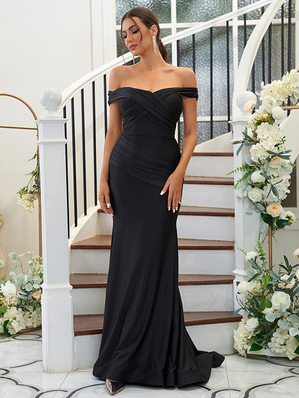 Sheath/Column Jersey Ruched Off-the-Shoulder Sleeveless Sweep/Brush Train Bridesmaid Dresses