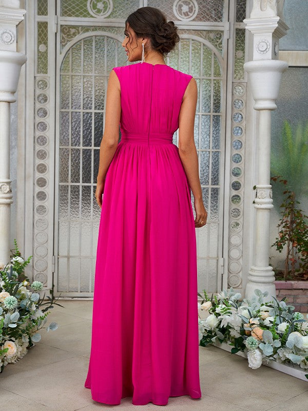 A-Line/Princess Chiffon Ruffles V-neck Sleeveless Floor-Length Bridesmaid Dresses