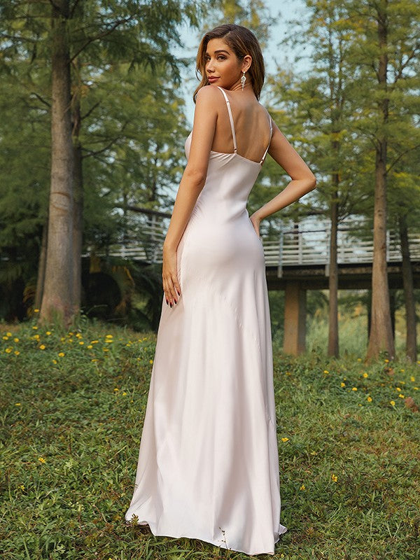 Sheath/Column NS  Woven Satin Ruched Spaghetti Straps Sleeveless Sweep/Brush Train Bridesmaid Dresses
