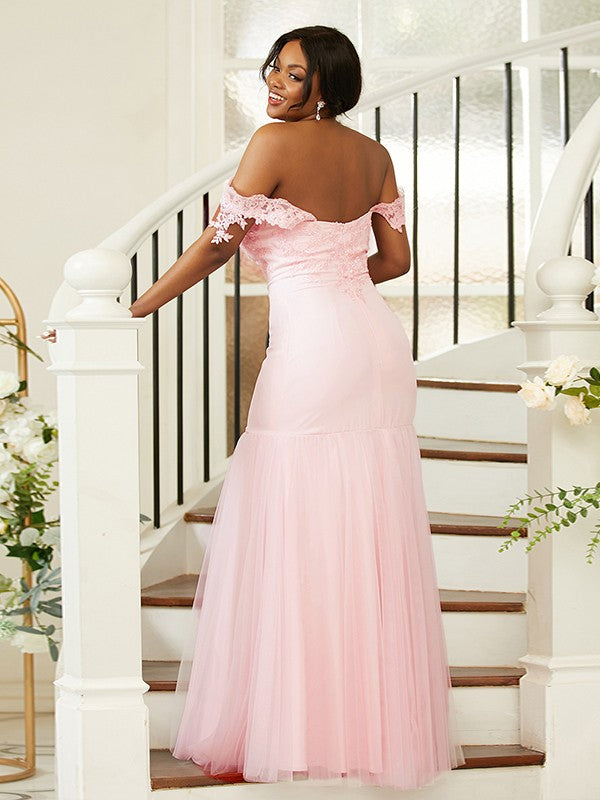 Sheath/Column Stretch Crepe Lace Off-the-Shoulder Sleeveless Floor-Length Bridesmaid Dresses