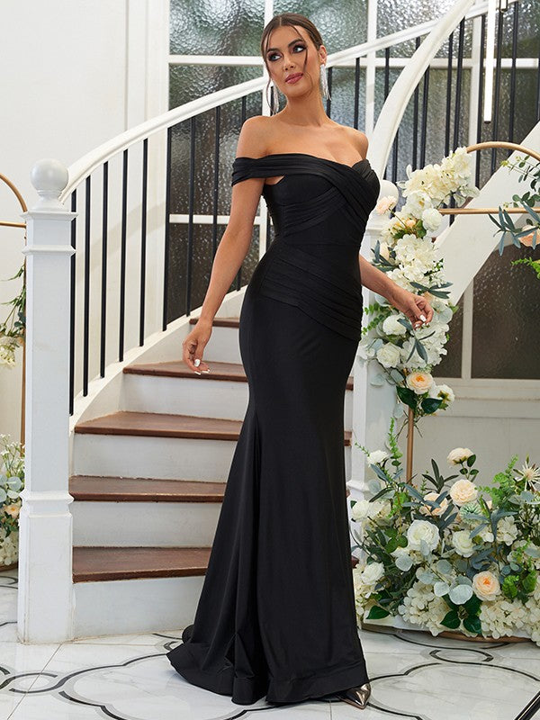 Sheath/Column Jersey Ruched Off-the-Shoulder Sleeveless Sweep/Brush Train Bridesmaid Dresses
