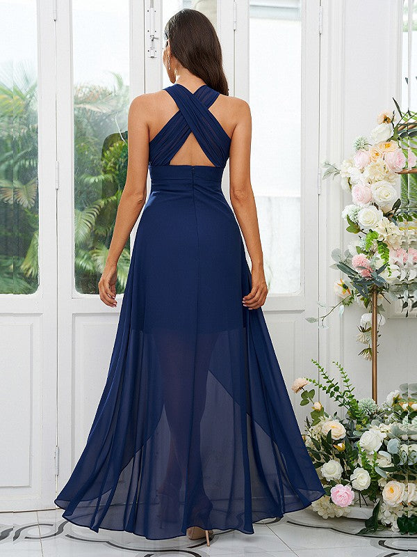 A-Line/Princess Chiffon Ruffles V-neck Sleeveless Asymmetrical Bridesmaid Dresses