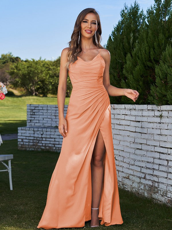 Sheath/Column Chiffon Ruched Spaghetti Straps Sleeveless Sweep/Brush Train Bridesmaid Dresses