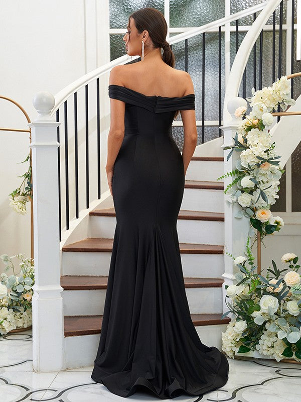 Sheath/Column Jersey Ruched Off-the-Shoulder Sleeveless Sweep/Brush Train Bridesmaid Dresses
