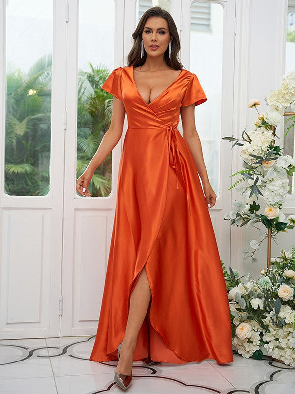 A-Line/Princess Silk like Satin Ruched V-neck Short Sleeves Floor-Length Bridesmaid Dresses