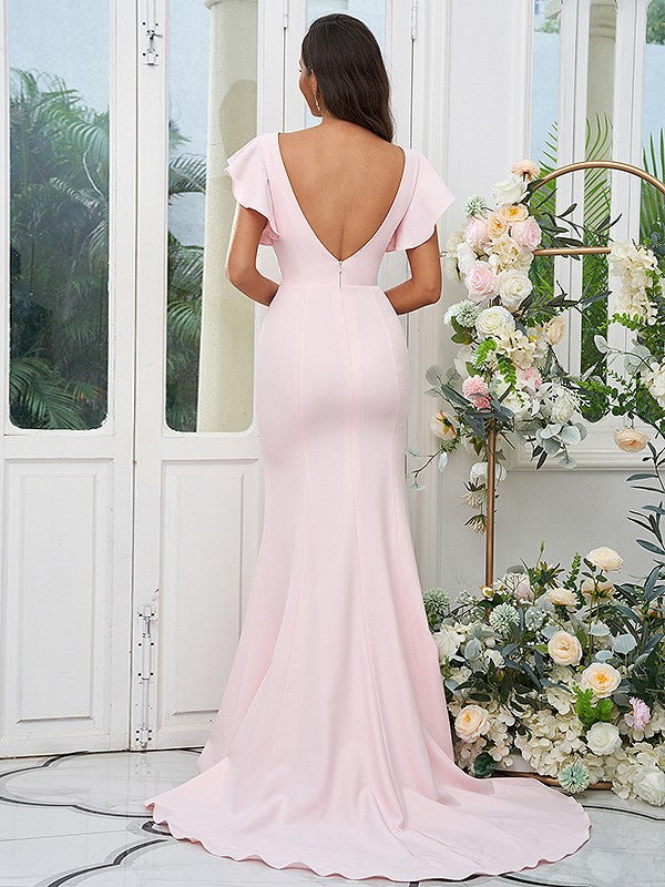 Sheath/Column Stretch Crepe Ruffles Scoop Short Sleeves Sweep/Brush Train Bridesmaid Dresses