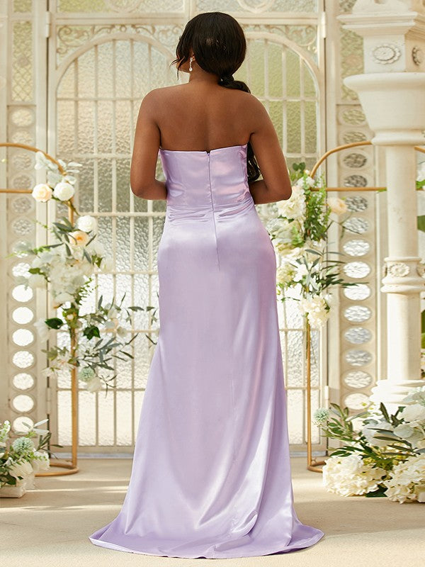 Sheath/Column Silk like Satin Ruched Sweetheart Sleeveless Sweep/Brush Train Bridesmaid Dresses