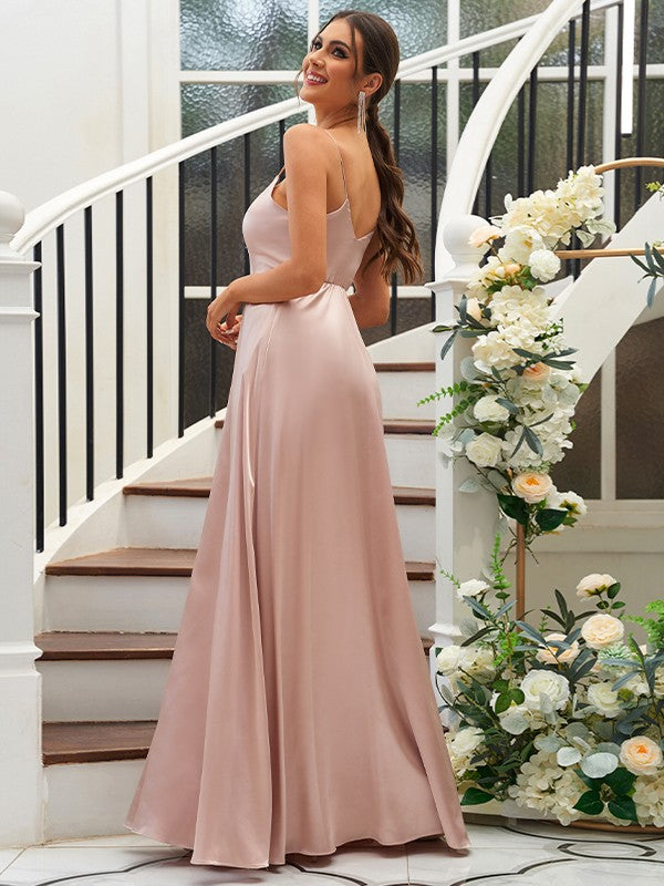 A-Line/Princess Silk like Satin Ruffles V-neck Sleeveless Floor-Length Bridesmaid Dresses