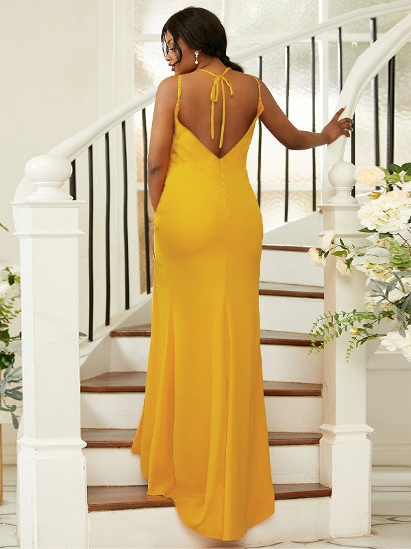 Sheath/Column Jersey Ruched Spaghetti Straps Sleeveless Sweep/Brush Train Bridesmaid Dresses