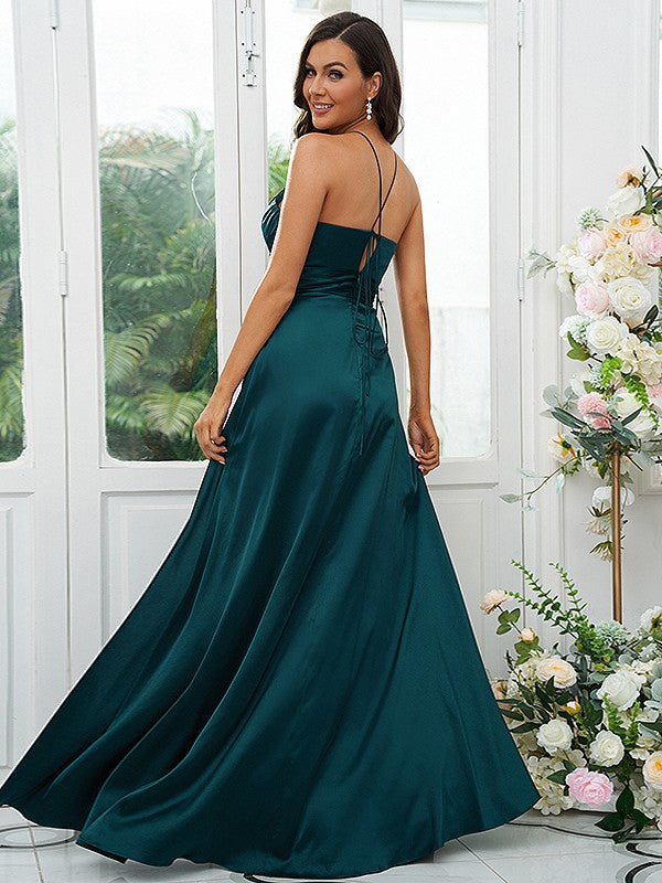 A-Line/Princess  Woven Satin Ruched V-neck Sleeveless Floor-Length Bridesmaid Dresses