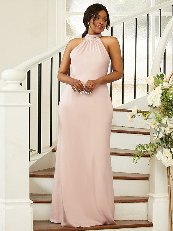 Sheath/Column Silk like Satin Ruched Halter Sleeveless Floor-Length Bridesmaid Dresses