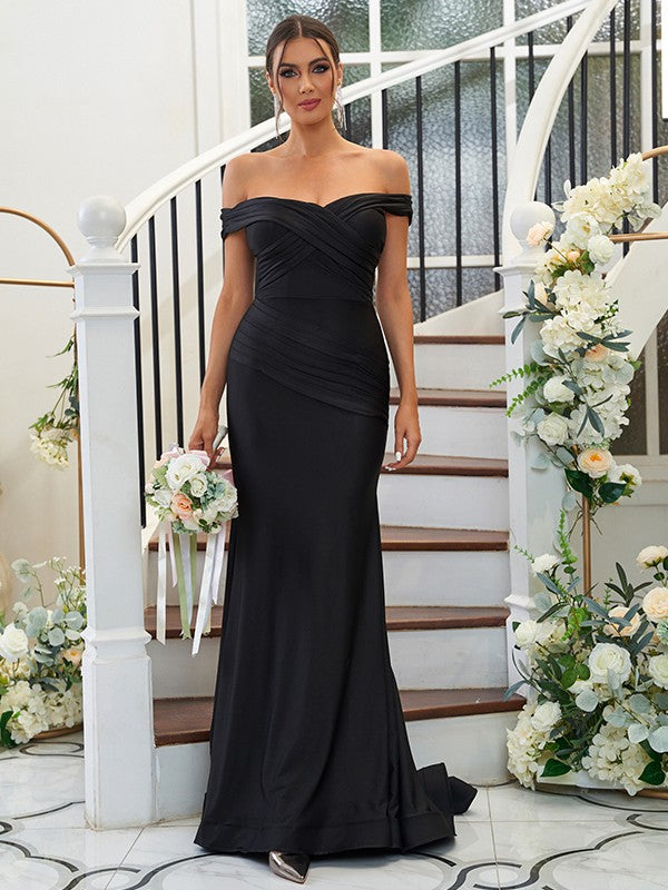 Sheath/Column Jersey Ruched Off-the-Shoulder Sleeveless Sweep/Brush Train Bridesmaid Dresses