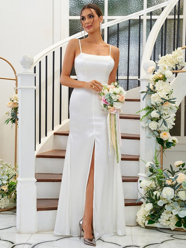 A-Line/Princess Silk like Satin Ruffles Spaghetti Straps Sleeveless Floor-Length Bridesmaid Dresses