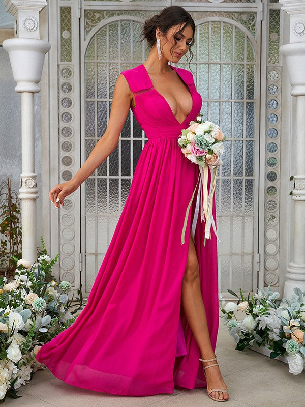 A-Line/Princess Chiffon Ruffles V-neck Sleeveless Floor-Length Bridesmaid Dresses