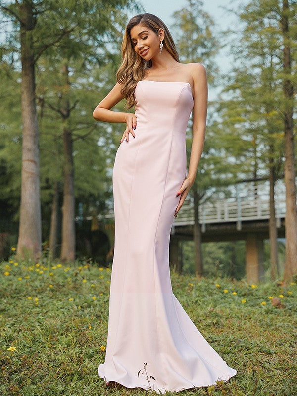 Sheath/Column Stretch Crepe Ruched Strapless Sleeveless Sweep/Brush Train Bridesmaid Dresses