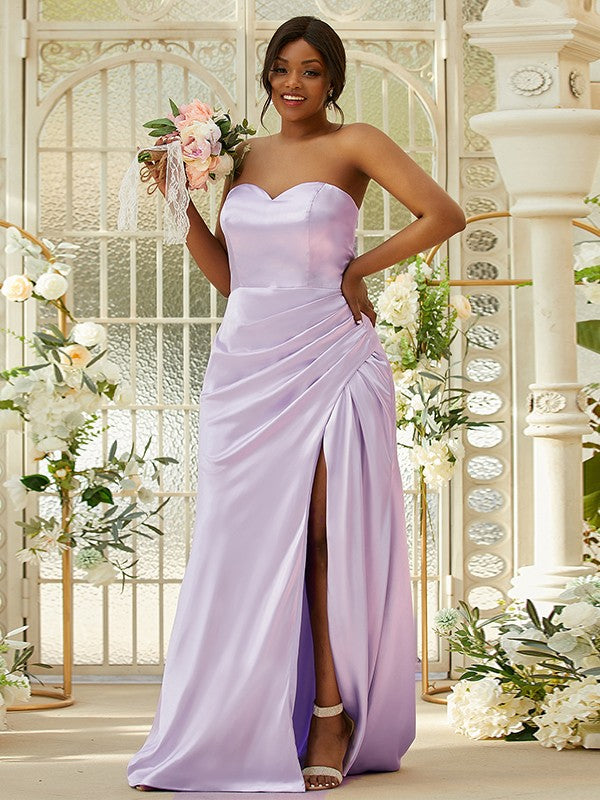 Sheath/Column Silk like Satin Ruched Sweetheart Sleeveless Sweep/Brush Train Bridesmaid Dresses