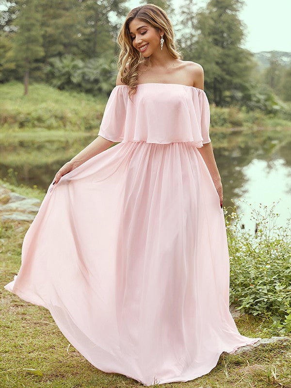 A-Line/Princess Chiffon Ruffles Off-the-Shoulder Short Sleeves Sweep/Brush Train Bridesmaid Dresses