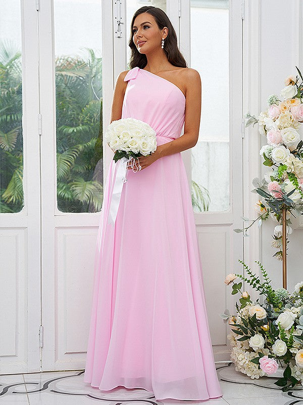 A-Line/Princess Chiffon Bowknot One-Shoulder Sleeveless Floor-Length Bridesmaid Dresses