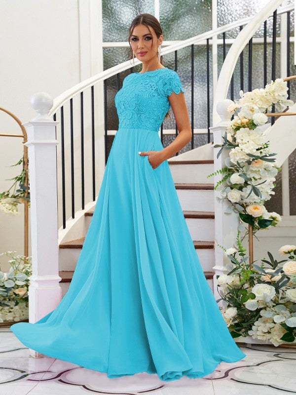 A-Line/Princess Chiffon Lace Scoop Short Sleeves Floor-Length Bridesmaid Dresses