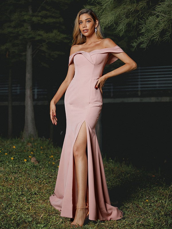 Sheath/Column Stretch Crepe Ruffles Off-the-Shoulder Sleeveless Sweep/Brush Train Bridesmaid Dresses