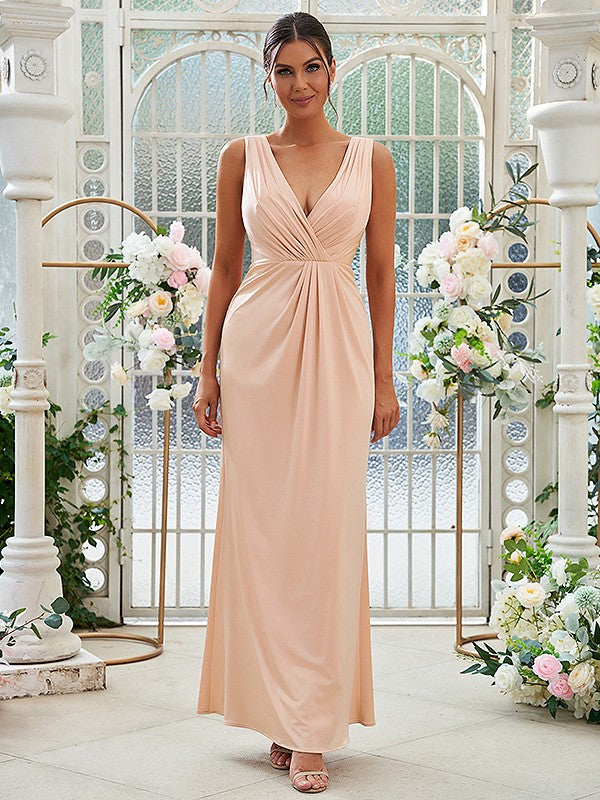 Sheath/Column Jersey Ruched V-neck Sleeveless Floor-Length Bridesmaid Dresses