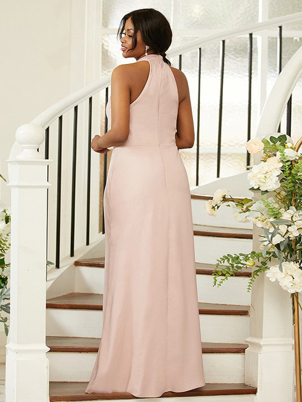 Sheath/Column Silk like Satin Ruched Halter Sleeveless Floor-Length Bridesmaid Dresses