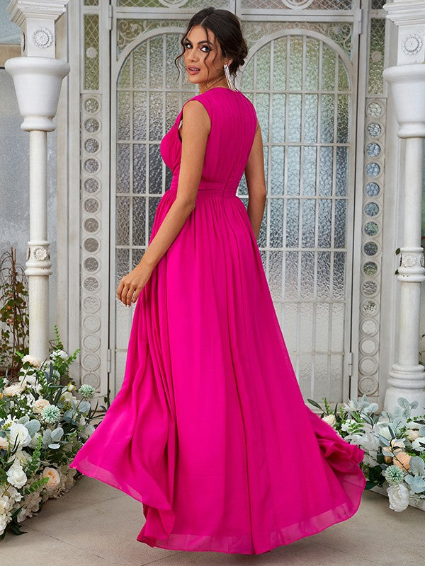 A-Line/Princess Chiffon Ruffles V-neck Sleeveless Floor-Length Bridesmaid Dresses