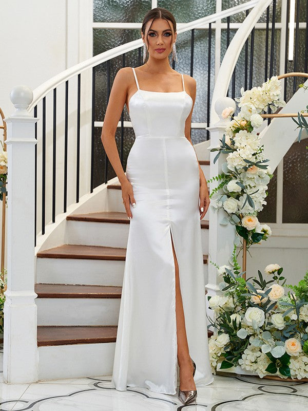 A-Line/Princess Silk like Satin Ruffles Spaghetti Straps Sleeveless Floor-Length Bridesmaid Dresses