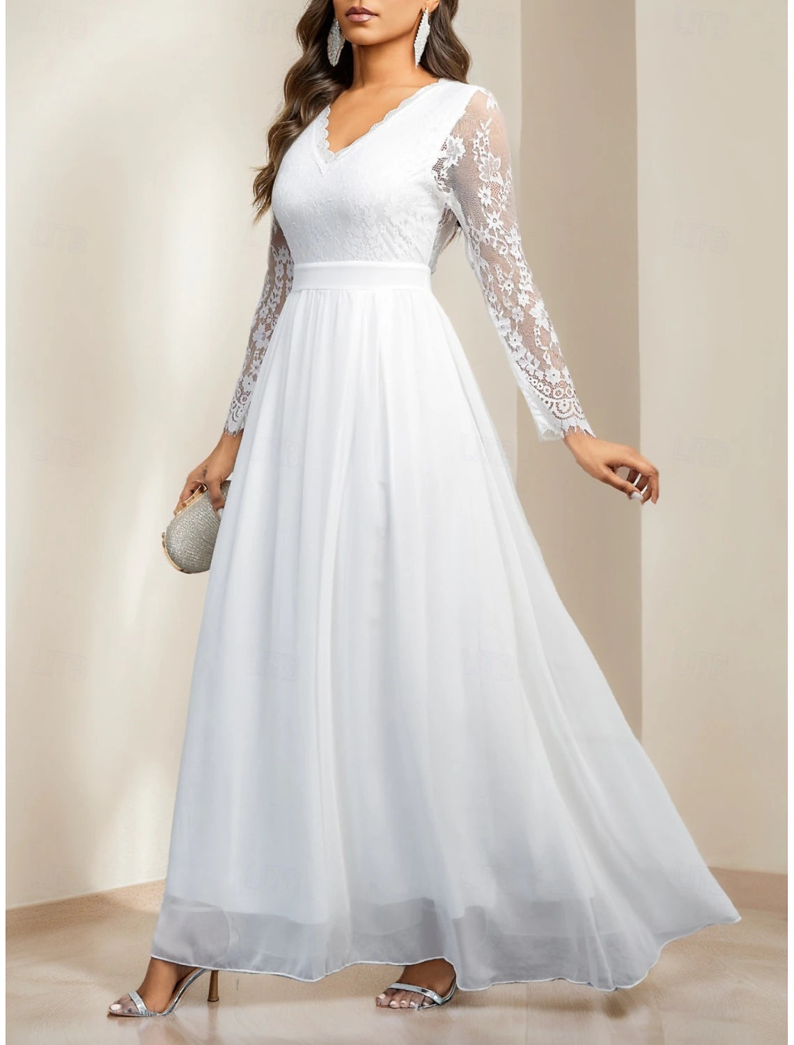 Buyishang Wedding Dresses A-Line V Neck Long Sleeve Floor Length Chiffon Bridal Gowns With Appliques
