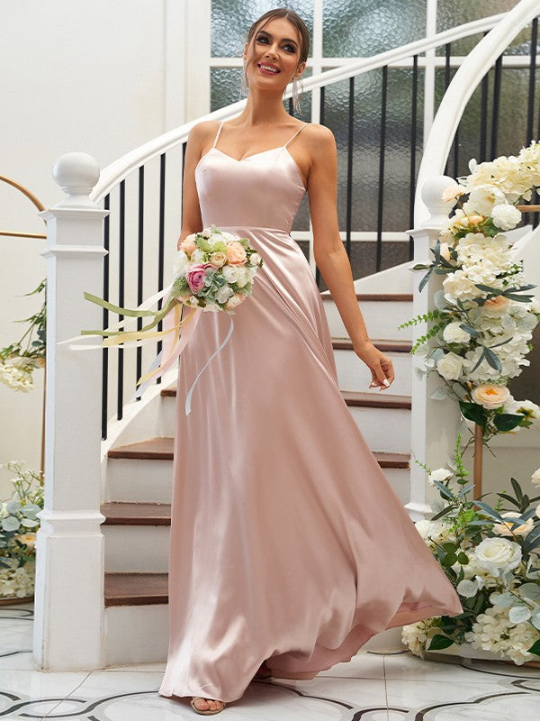 A-Line/Princess Silk like Satin Ruffles V-neck Sleeveless Floor-Length Bridesmaid Dresses