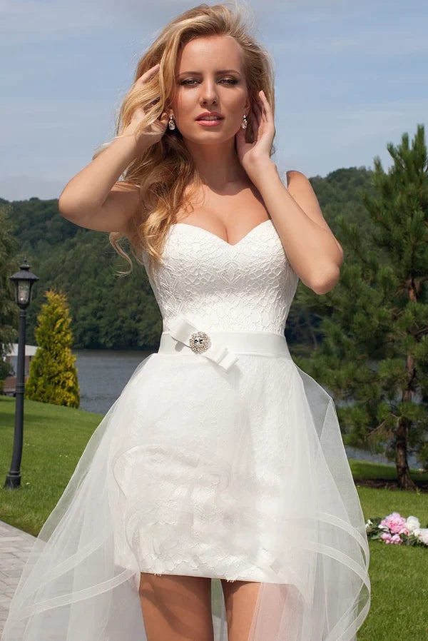 Buyishang Beach Short Sweetheart Detachable Lace Wedding Dress With Tied Back