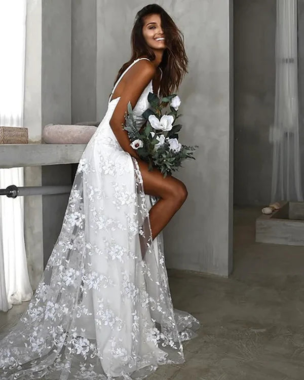 Buyishang Beach V-Neck Sparkly Lace Wedding Dresses With Split Front