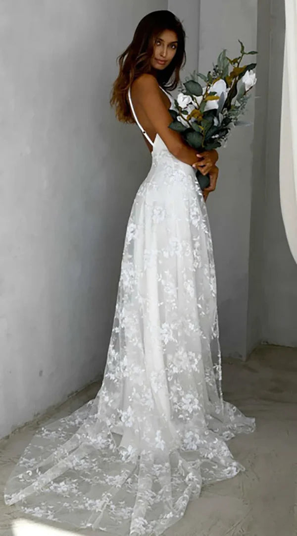 Buyishang Beach V-Neck Sparkly Lace Wedding Dresses With Split Front