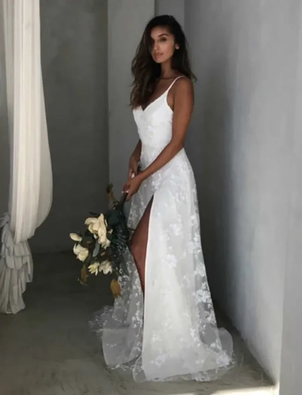 Buyishang Beach V-Neck Sparkly Lace Wedding Dresses With Split Front