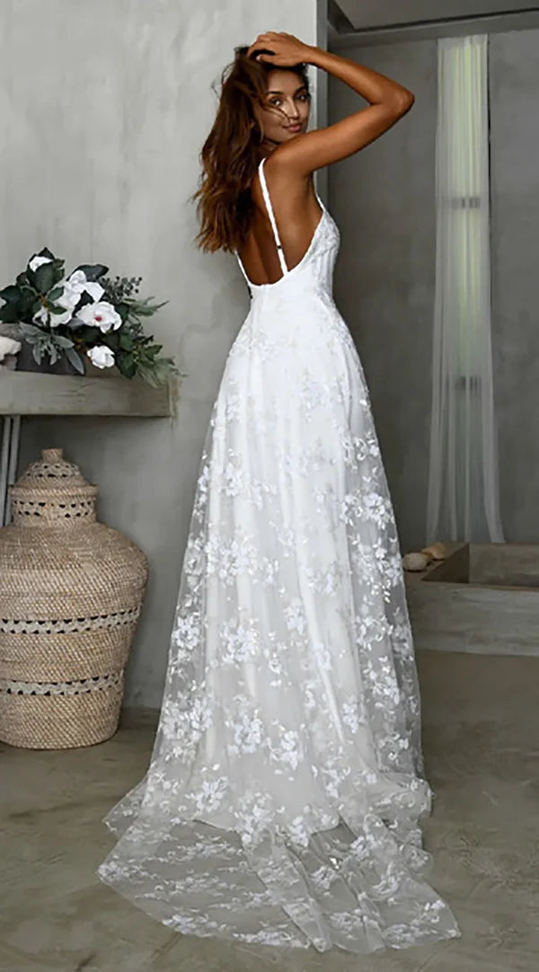 Buyishang Beach V-Neck Sparkly Lace Wedding Dresses With Split Front