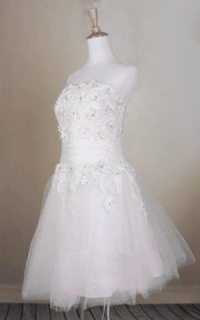 Buyishang Beaded Short Tulle Wedding Dress With Lace Bodice and Straight Neckline