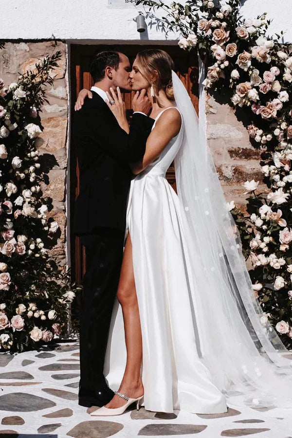 Buyishang Attractive Deep V-Neck White Satin Bohemian Wedding Dress