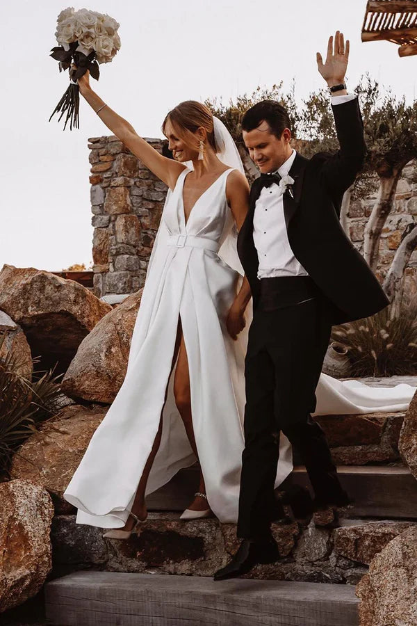 Buyishang Attractive Deep V-Neck White Satin Bohemian Wedding Dress