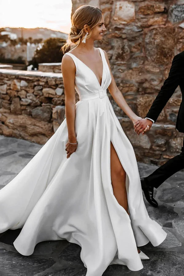 Buyishang Attractive Deep V-Neck White Satin Bohemian Wedding Dress