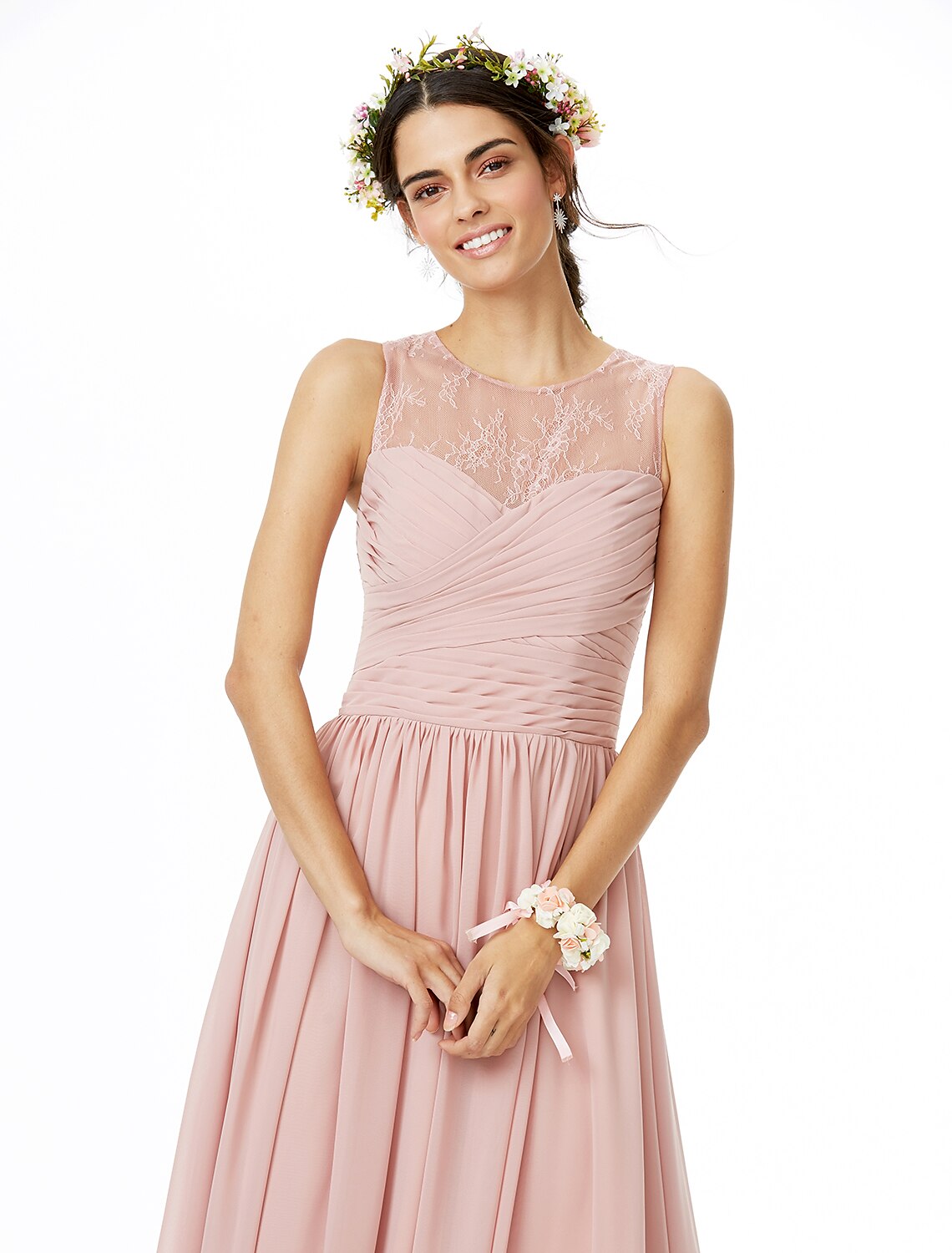 A-Line Bridesmaid Dress Jewel Neck Sleeveless See Through Floor Length Chiffon / Lace with Lace / Criss Cross / Pleats