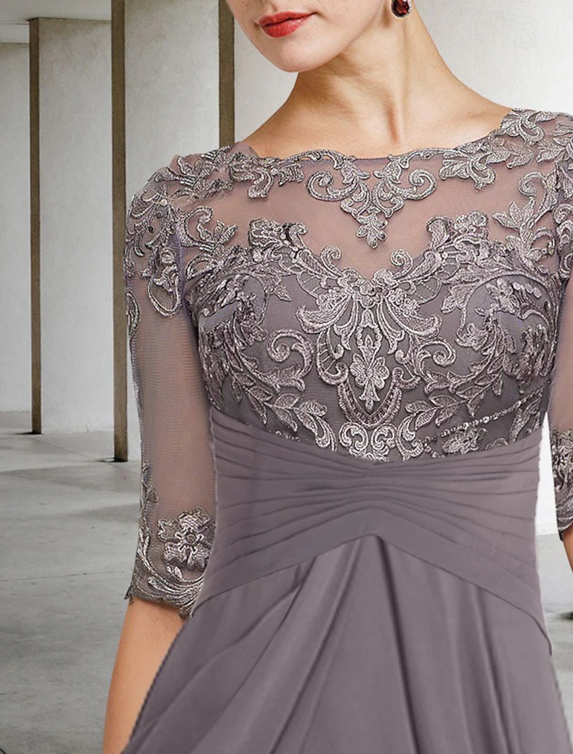 Buyishang A-Line Mother of the Bride Dress Wedding Guest Elegant Plus Size High Low V Neck Asymmetrical Ankle Length Chiffon Lace Half Sleeve with Beading Appliques free custom size