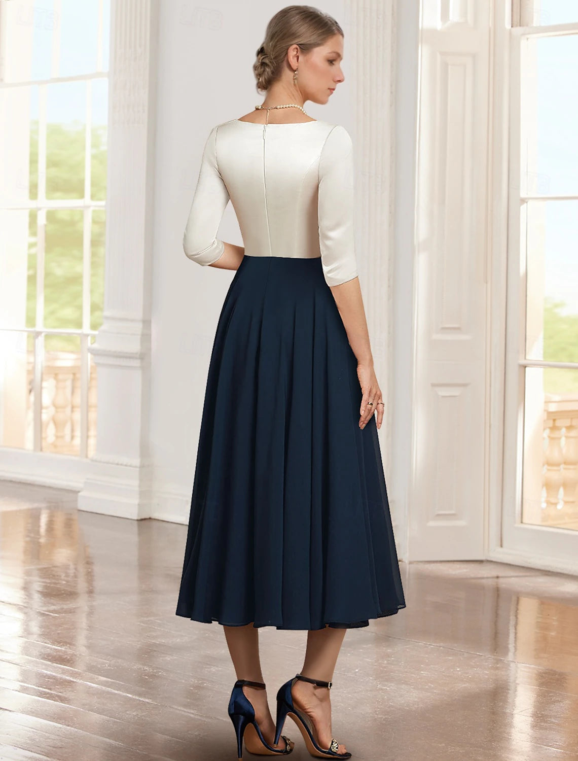 Buyishang Dress Mother of the Bride Dress Wedding Guest Church Elegant V Neck Tea Length Chiffon Satin Cap Sleeve Jacket Dresses with Lace Color Block