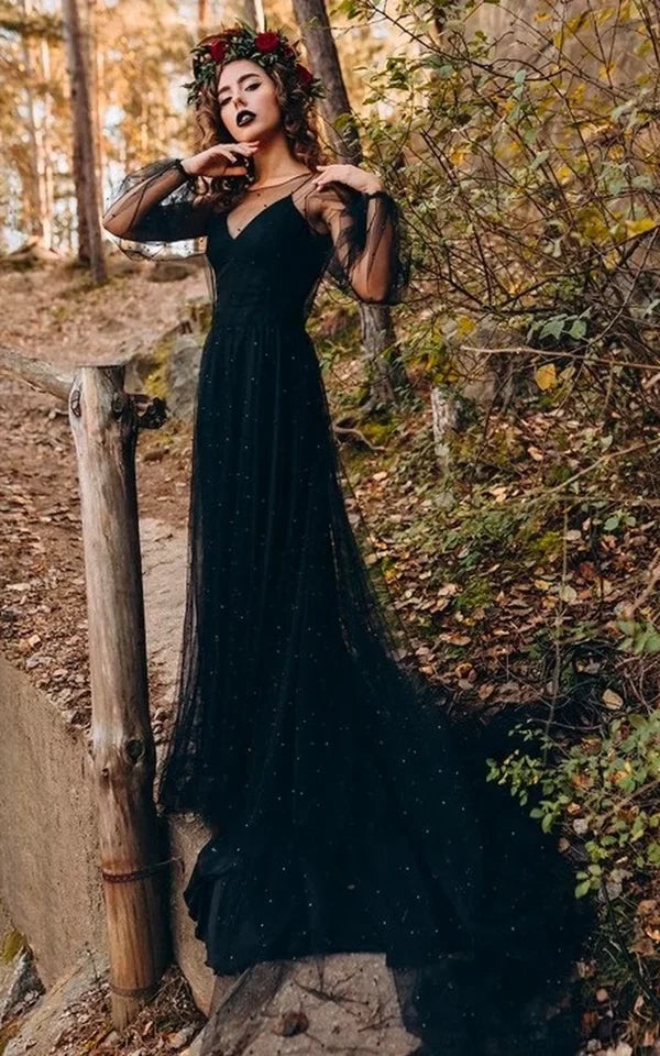 Buyishang Black A-line Spaghetti V-neck Satin Unique Wedding Dress with Illusion Tulle Long Sleeve