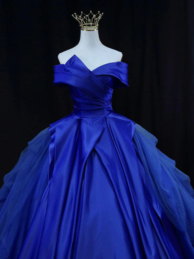 Buyishang Off Shoulder Tulle Satin Blue Long Prom Gown Blue Long Evening Dress