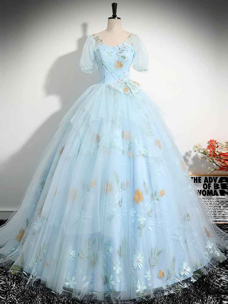Buyishang A-Line V Neck Tulle Lace Blue Long Prom Dress Blue Lace Long Formal Dress